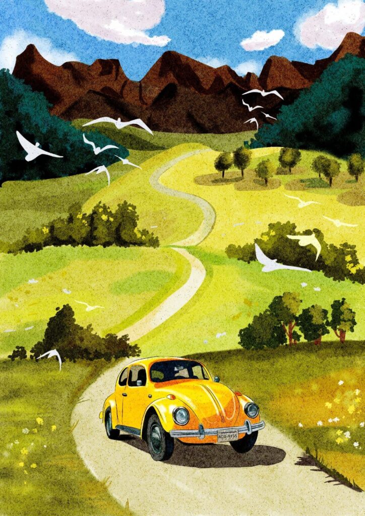 Fusca Amarelo Serpenteando pelas Montanhas Verdejantes